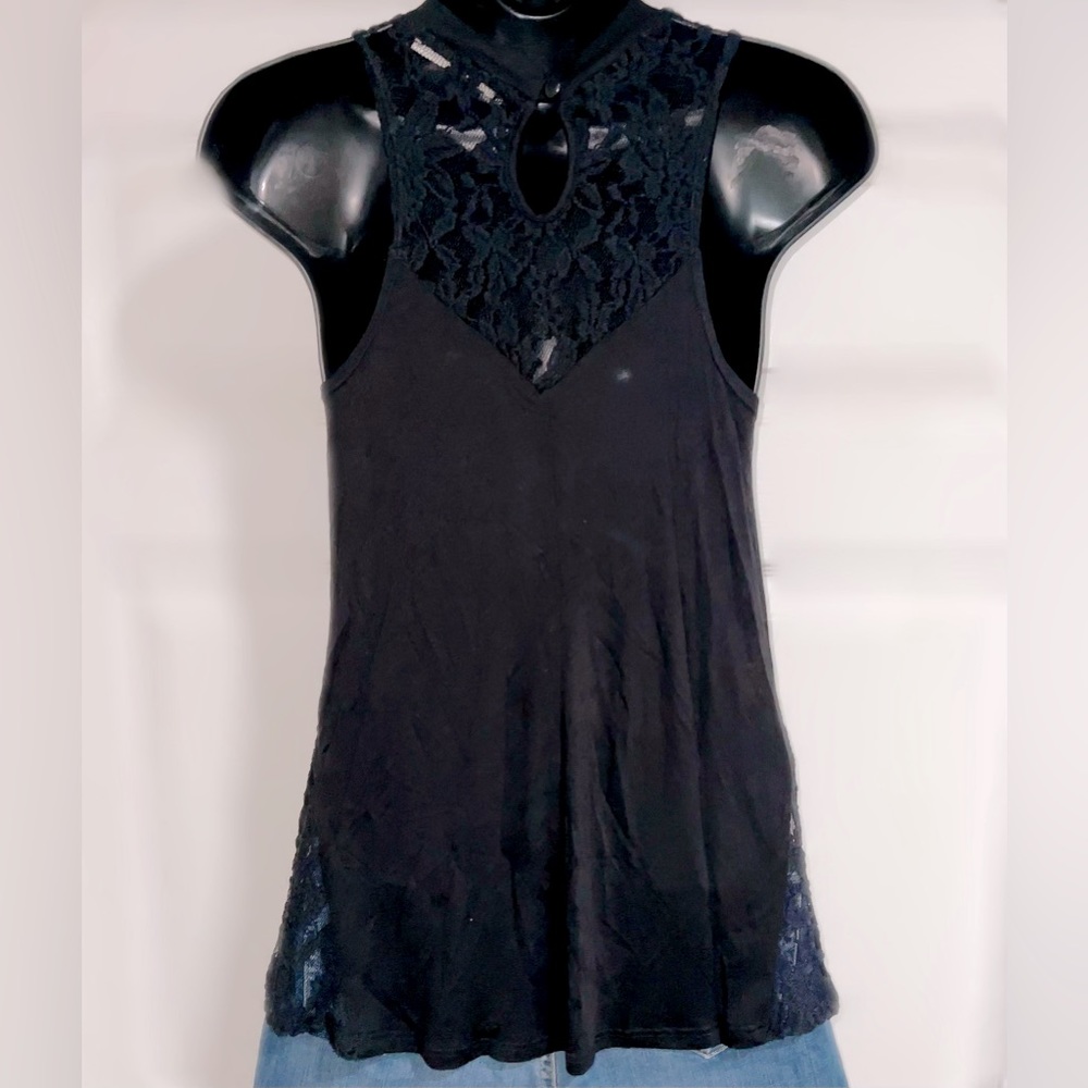 Women’s black sleeveless top with lace back and sides.  Size S